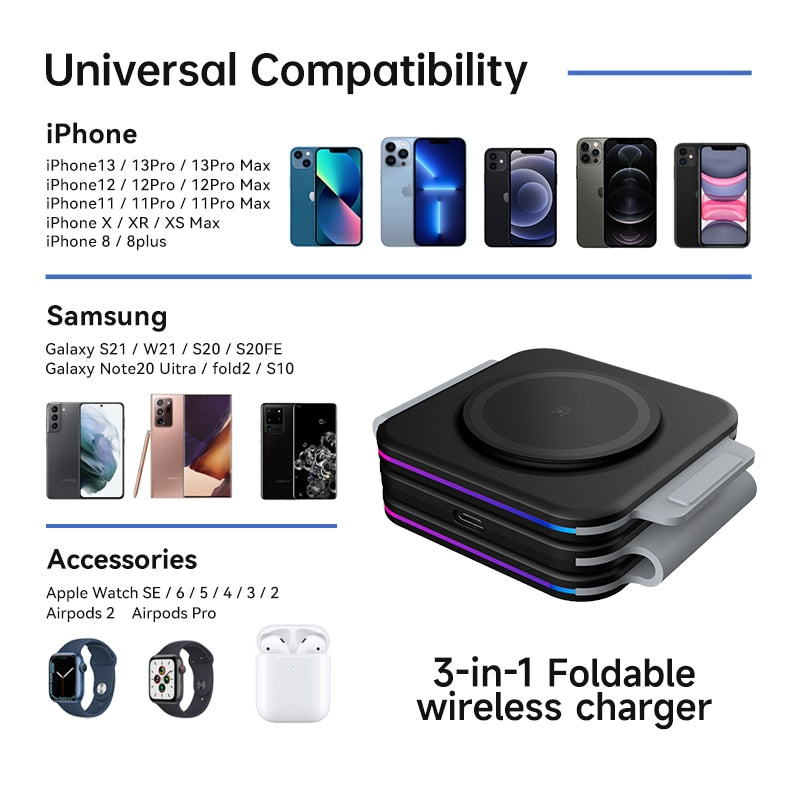 3 in 1 Foldable Magnetic Wireless Charger for iPhone, AirPods and Apple Watch
